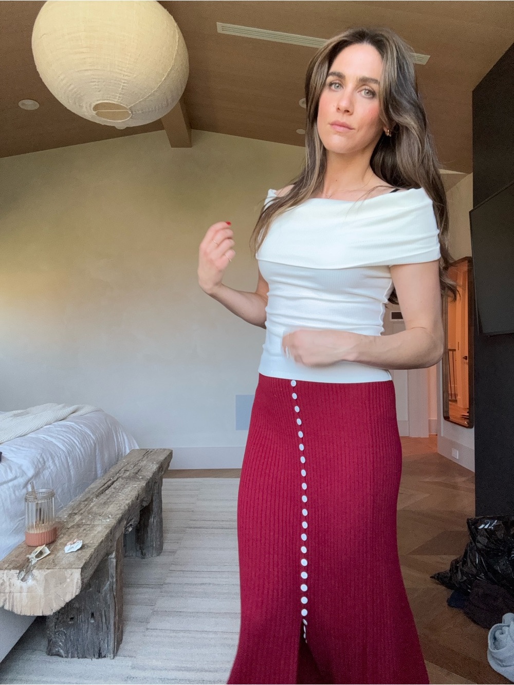 PAIGE White Off-Shoulder Top with Red Button-Front Maxi Skirt